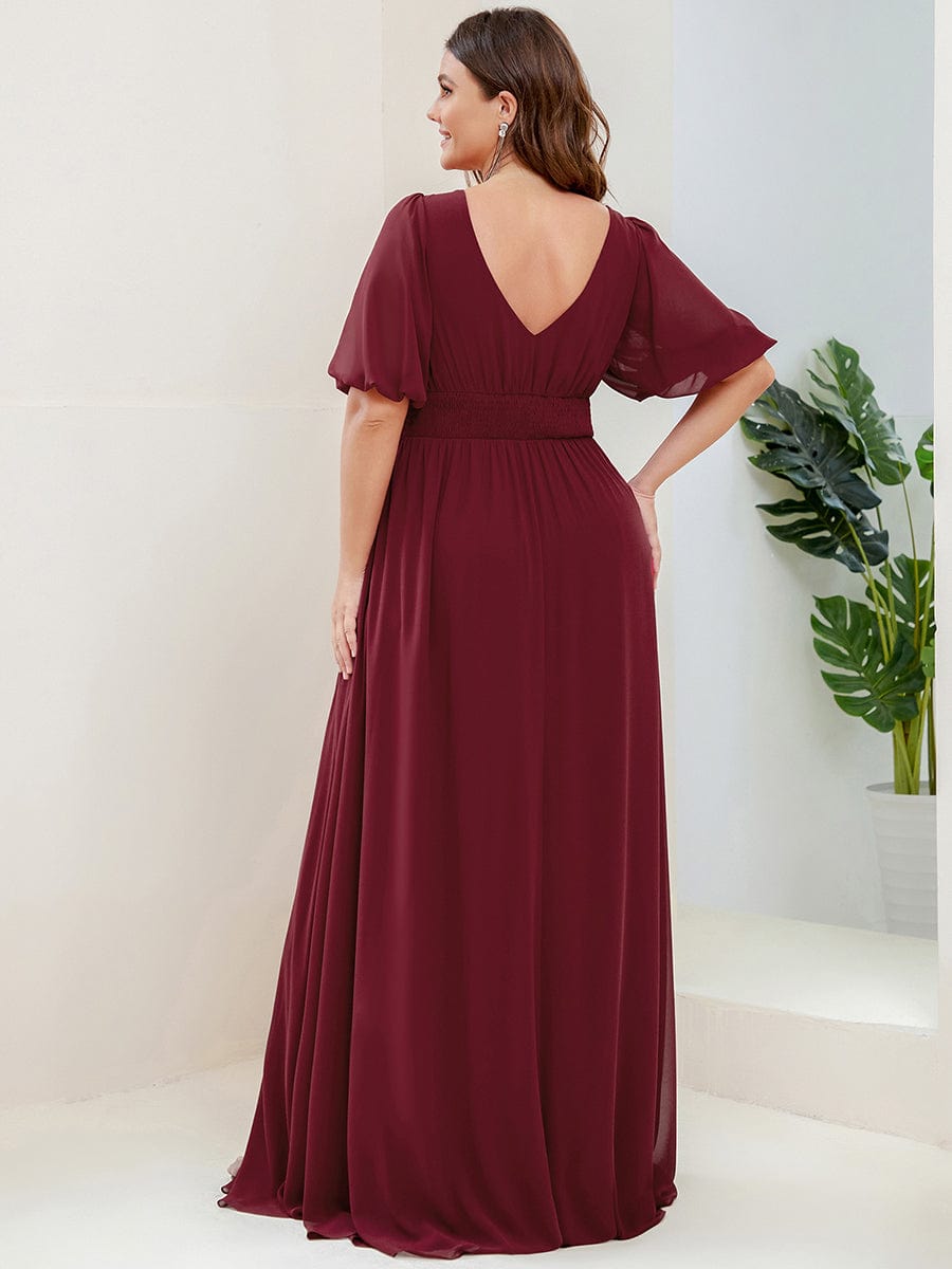 Plus Size V-Neck Front Slit Chiffon Evening Dress #color_Burgundy