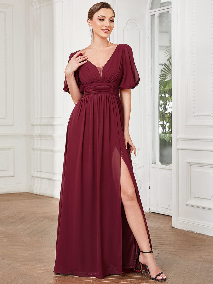 Chiffon Illusion V-Neck Flutter Sleeve Front Slit Evening Dress #Color_Burgundy