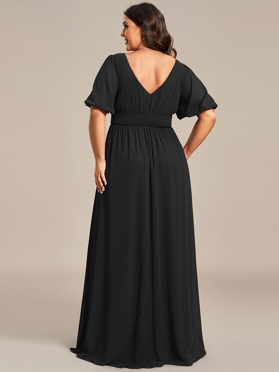 Chiffon Illusion V-Neck Flutter Sleeve Front Slit Evening Dress #Color_Black