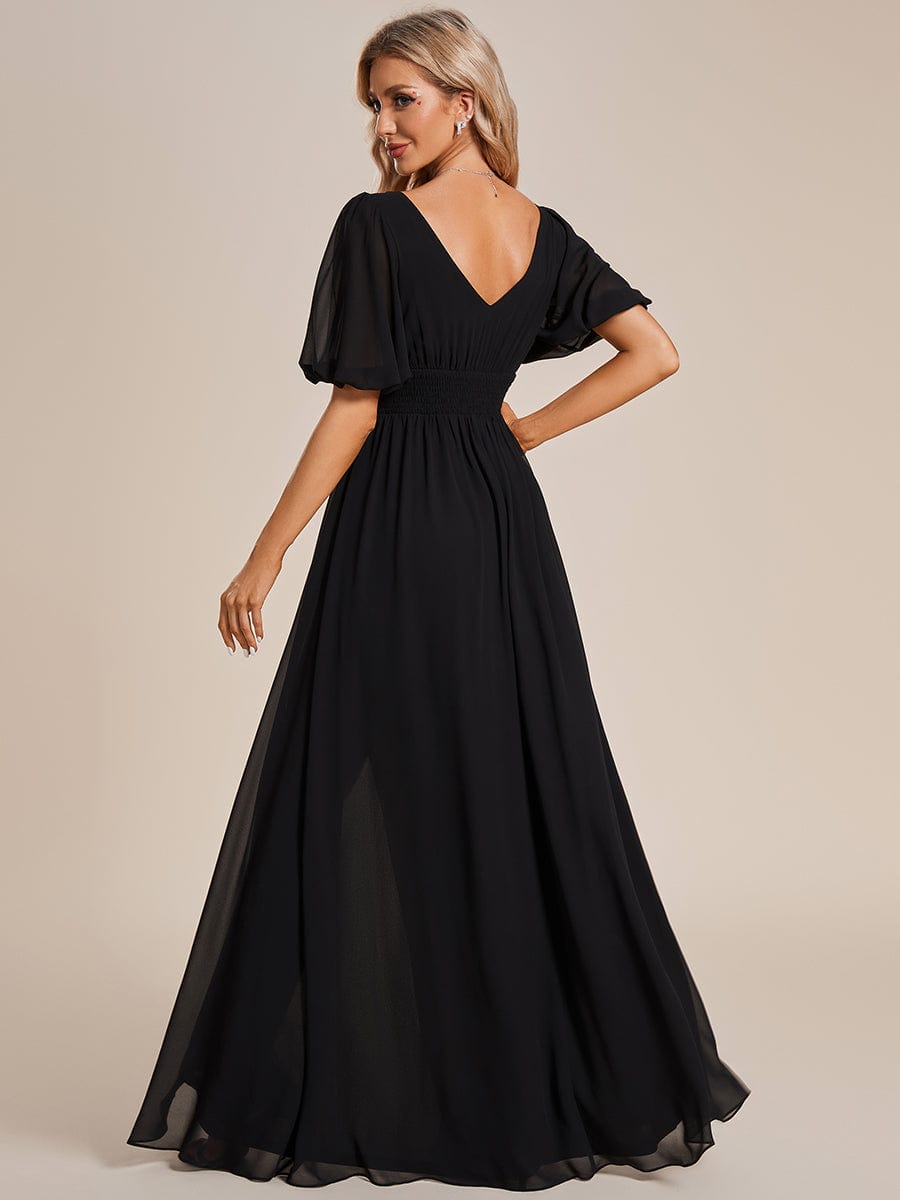 Chiffon Illusion V-Neck Flutter Sleeve Front Slit Evening Dress #color_Black