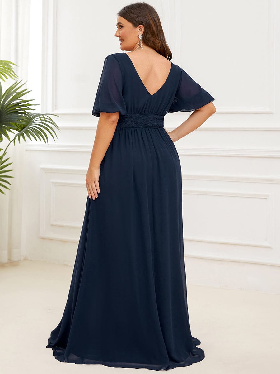 Plus Size V-Neck Front Slit Chiffon Evening Dress #color_Navy Blue