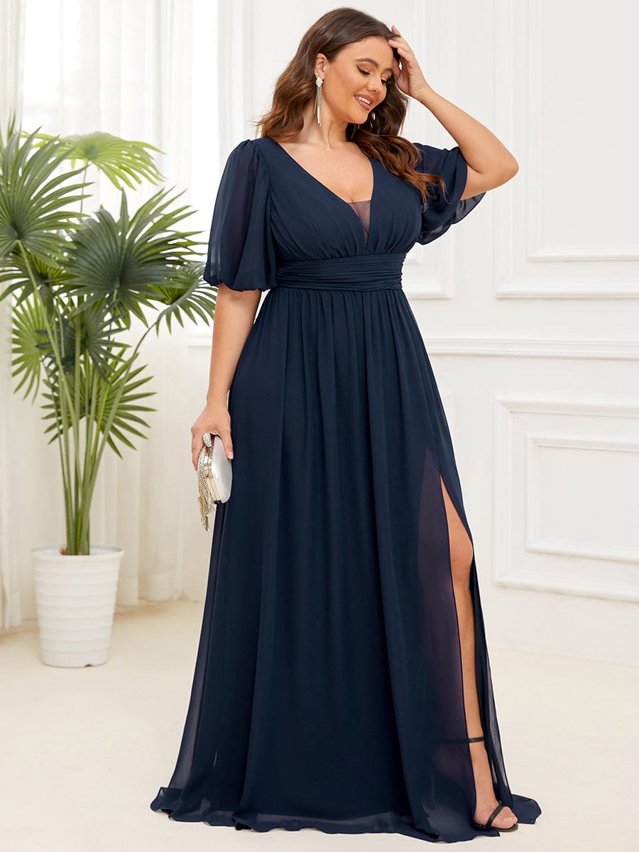 Plus Size V-Neck Front Slit Chiffon Evening Dress #Color_Navy Blue