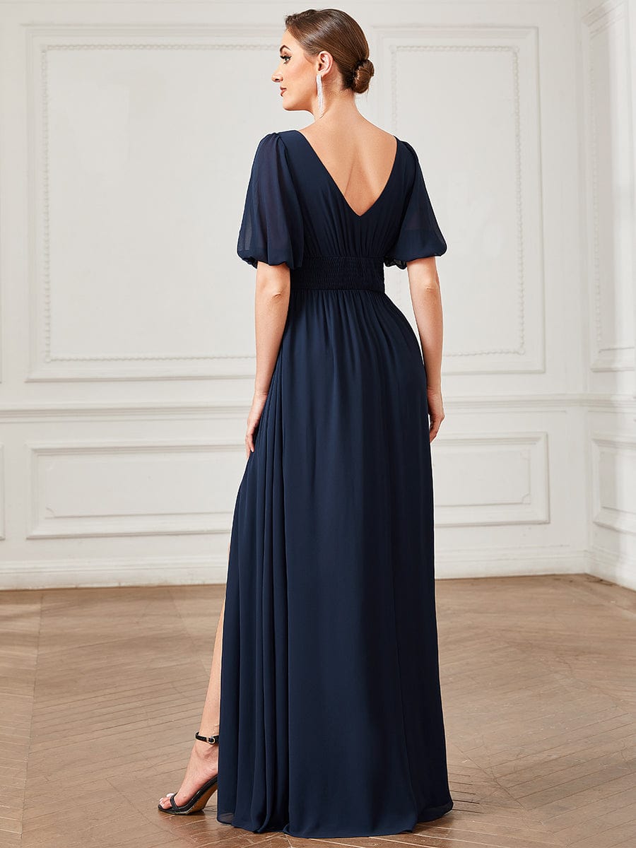 Chiffon Illusion V-Neck Flutter Sleeve Front Slit Evening Dress #color_Navy Blue