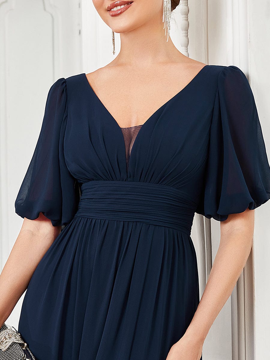 Chiffon Illusion V-Neck Flutter Sleeve Front Slit Evening Dress #Color_Navy Blue