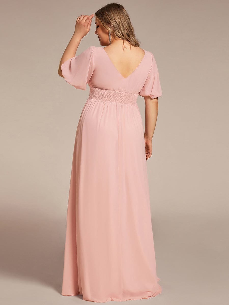 Chiffon Illusion V-Neck Flutter Sleeve Front Slit Evening Dress #Color_Pink