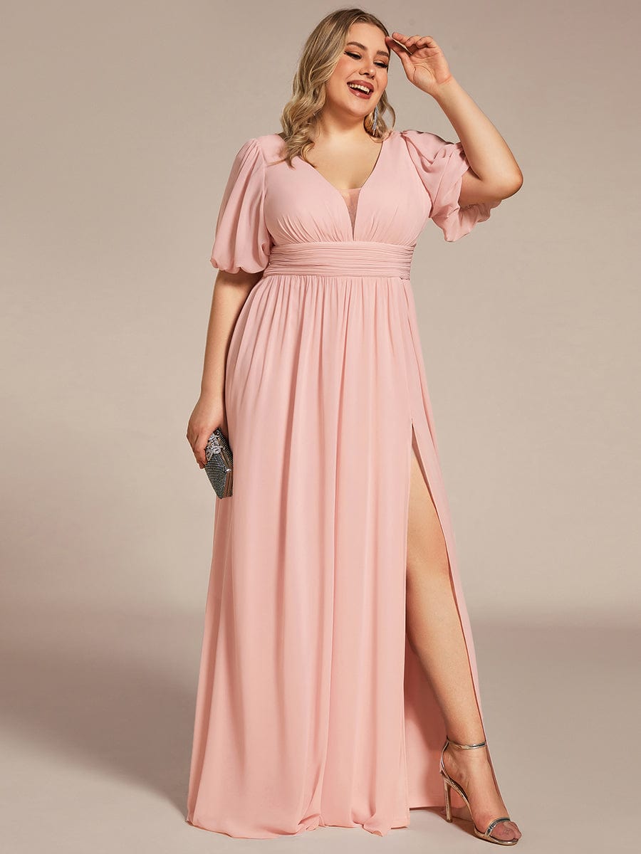 Chiffon Illusion V-Neck Flutter Sleeve Front Slit Evening Dress #Color_Pink