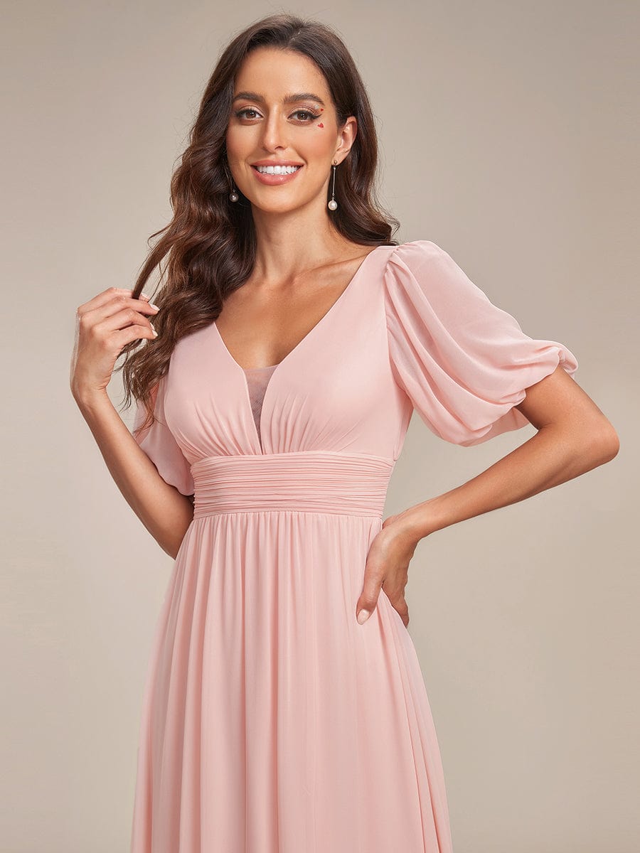 Chiffon Illusion V-Neck Flutter Sleeve Front Slit Evening Dress #Color_Pink