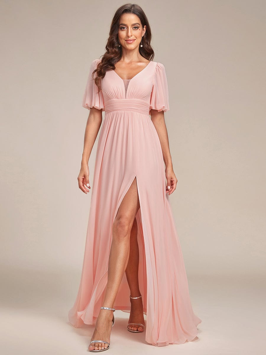 Chiffon Illusion V-Neck Flutter Sleeve Front Slit Evening Dress #Color_Pink