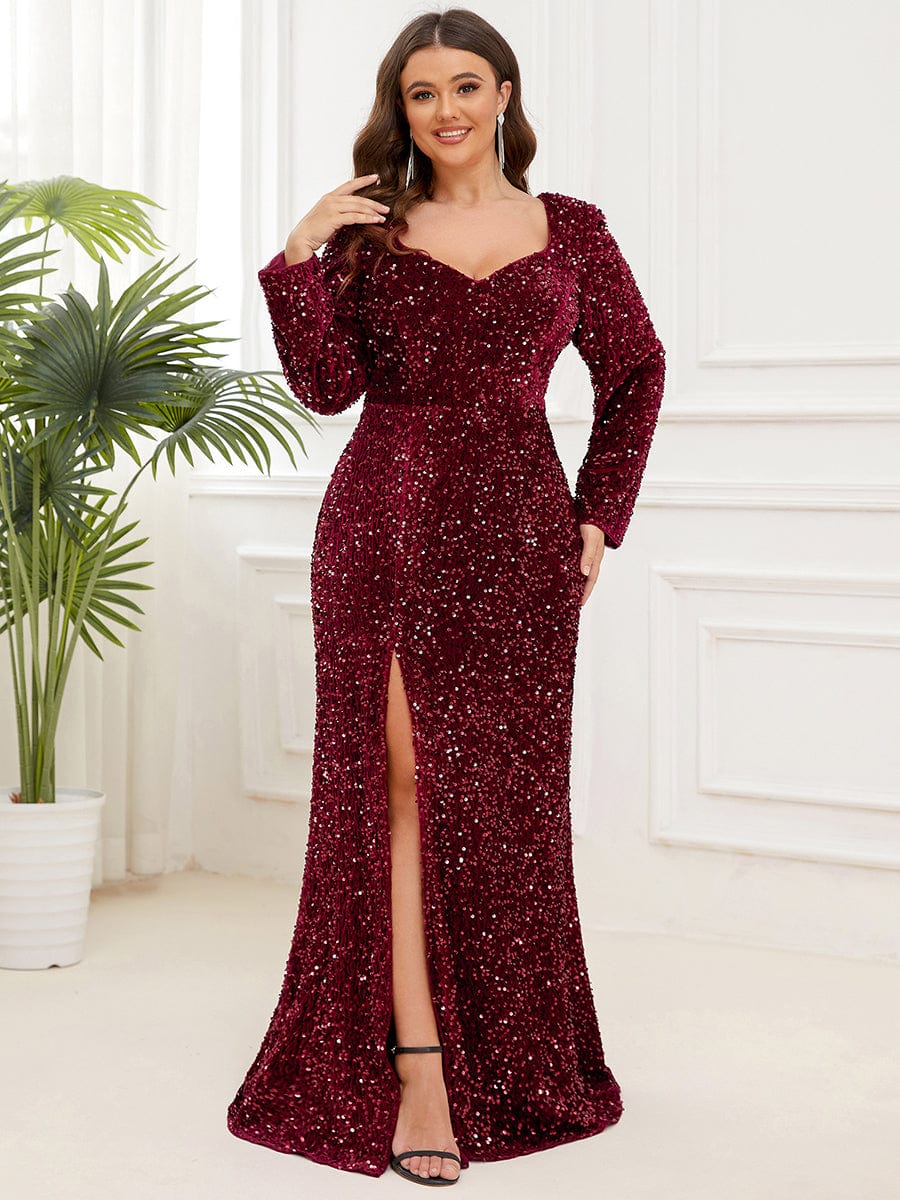 Sequin Long Sleeve Sweetheart Bodycon Front Slit Evening Dress #Color_Burgundy