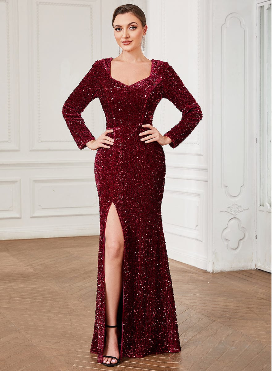 Sequin Long Sleeve Bodycon Front Slit Evening Dress Ever Pretty US