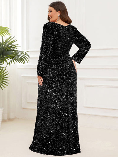 Plus Size Front Slit Sequin Long Sleeve Bodycon Evening Dress - Ever ...