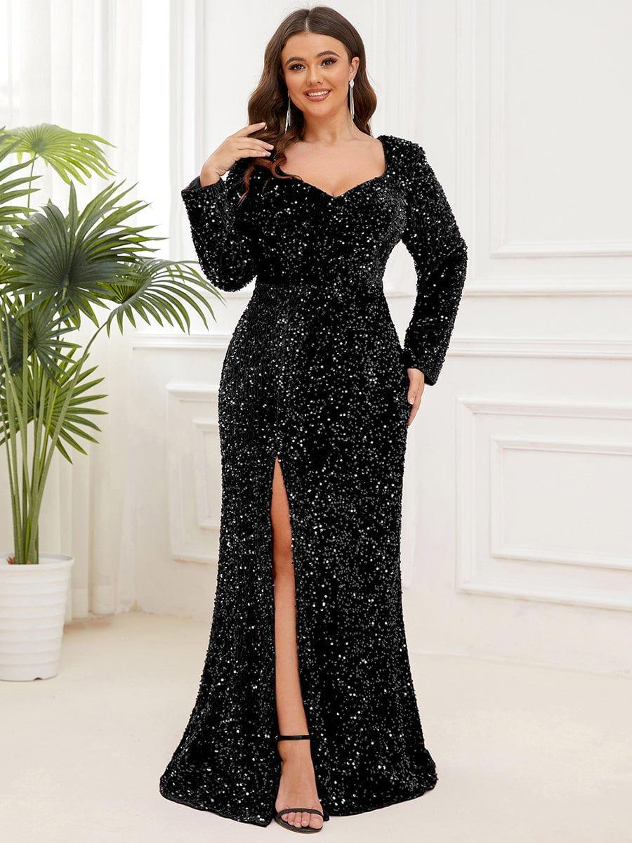 Plus Size Front Slit Sequin Long Sleeve Bodycon Evening Dress Ever Pretty US