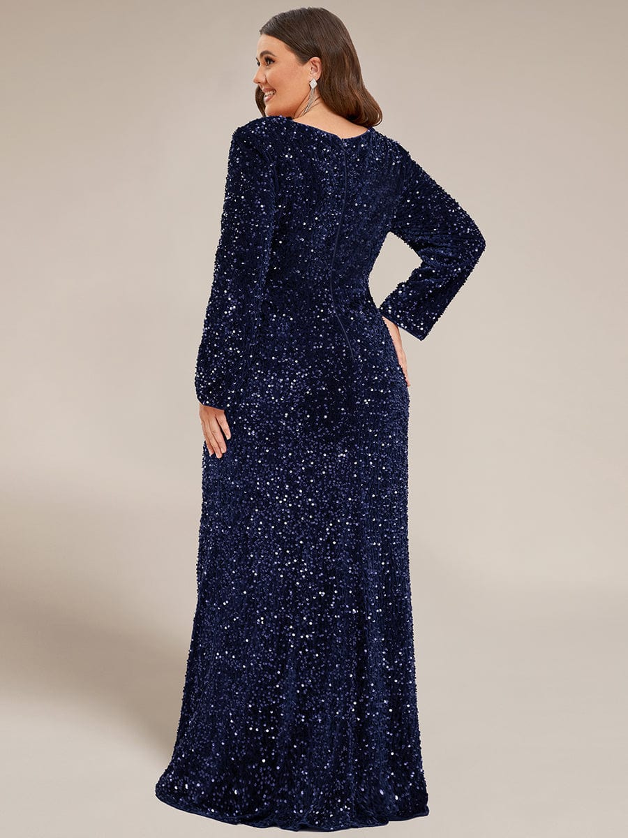 Custom Size Long Sleeve Sequin Front Slit Bodycon Evening Dress #Color_Navy Blue