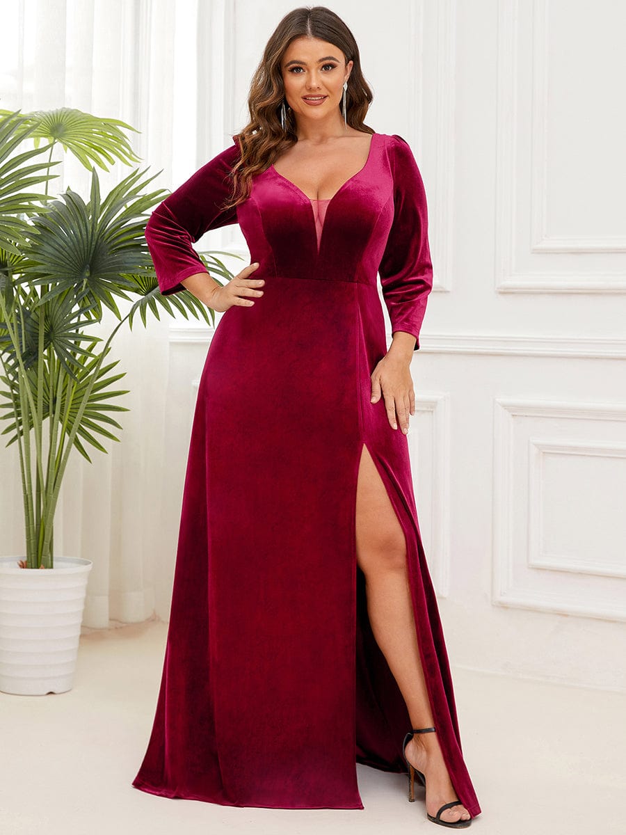 Velvet 3/4 Length Sleeve Illusion V-Neck Front Slit Evening Dress #Color_Burgundy