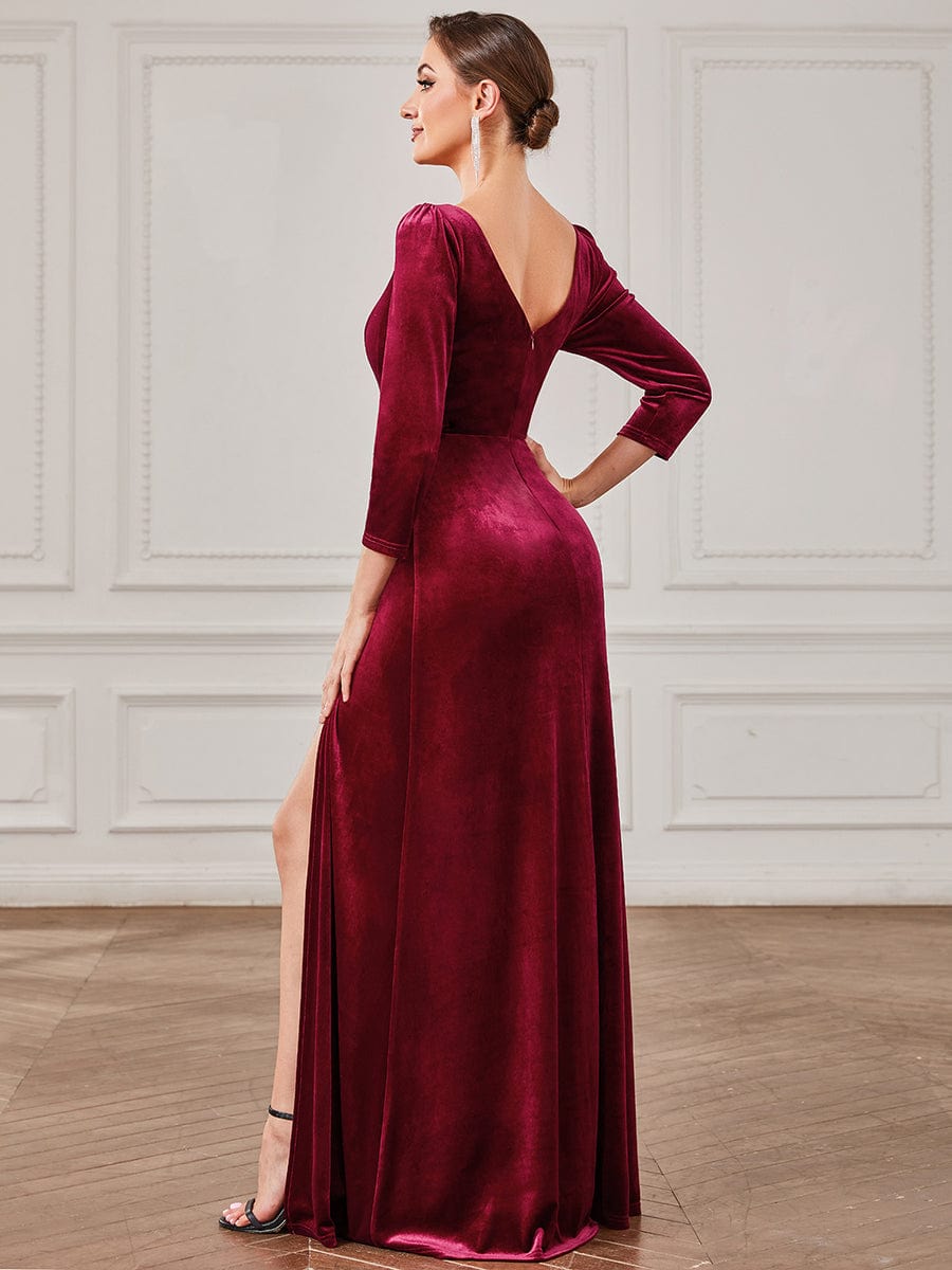 Velvet 3/4 Length Sleeve Illusion V-Neck Front Slit Evening Dress #Color_Burgundy