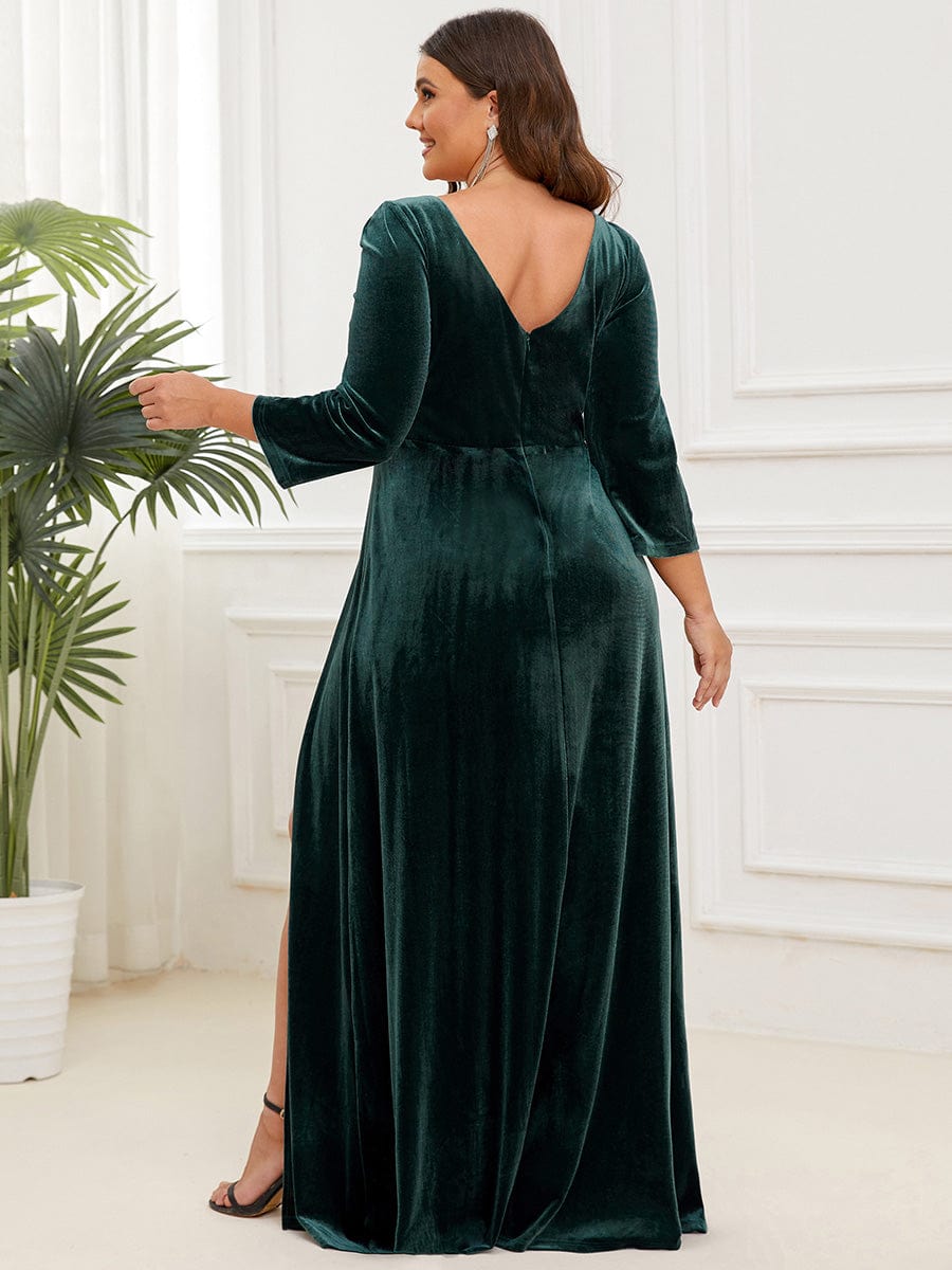 Velvet 3/4 Length Sleeve Illusion V-Neck Front Slit Evening Dress #Color_Dark Green