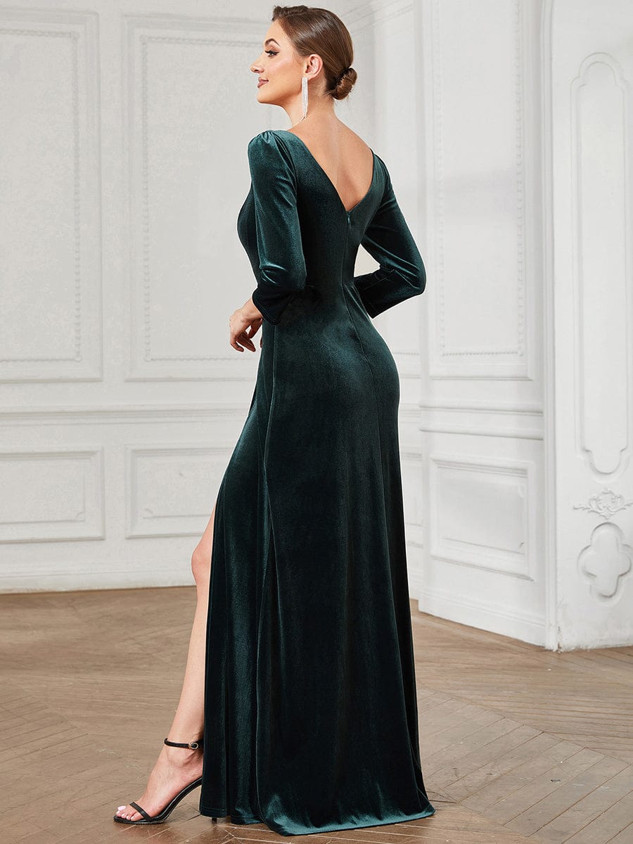 Velvet 3/4 Length Sleeve Illusion V-Neck Front Slit Evening Dress #Color_Dark Green