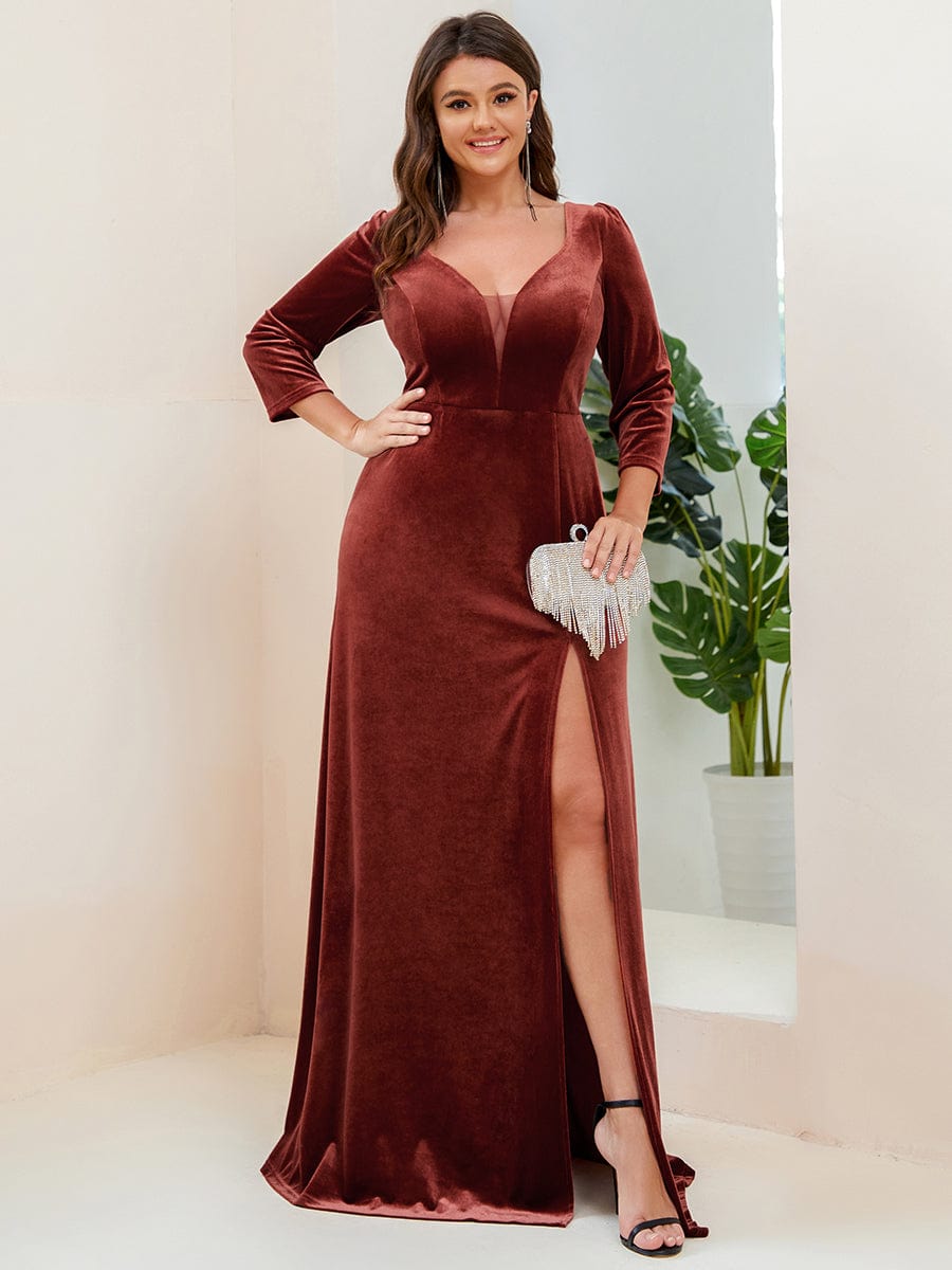 Velvet 3/4 Length Sleeve Illusion V-Neck Front Slit Evening Dress #Color_Brick Red