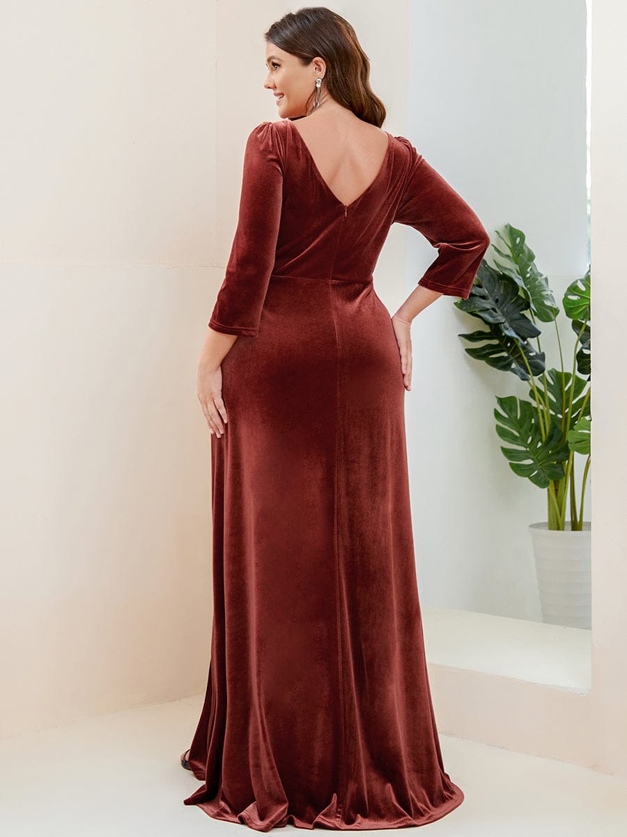 Velvet 3/4 Length Sleeve Illusion V-Neck Front Slit Evening Dress #Color_Brick Red