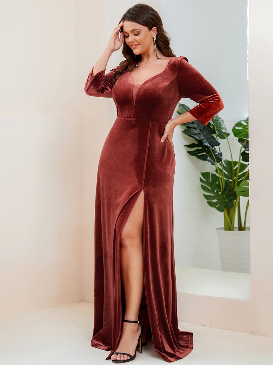 Velvet 3/4 Length Sleeve Illusion V-Neck Front Slit Evening Dress #Color_Brick Red