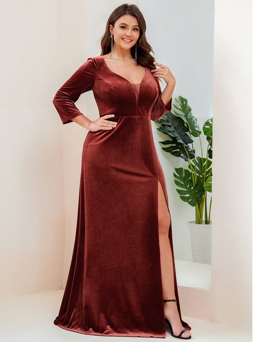 Velvet 3/4 Length Sleeve Illusion V-Neck Front Slit Evening Dress #Color_Brick Red