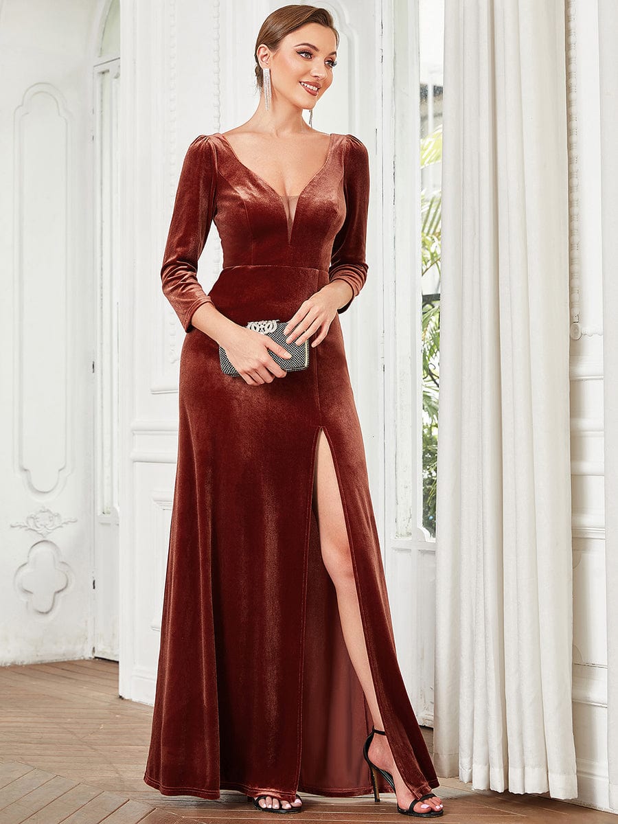 Velvet 3/4 Length Sleeve Illusion V-Neck Front Slit Evening Dress #Color_Brick Red