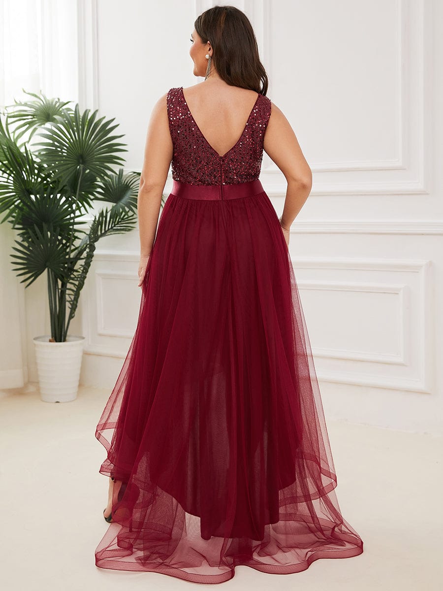 Sequin Bodice Tulle High-Low Evening Dress with Ribbon Waist #color_Burgundy