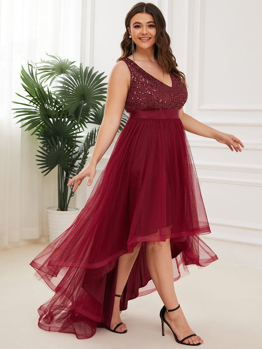 Plus Size Sleeveless Sequin Ribbon Waist Tulle High Low Evening Dress #color_Burgundy
