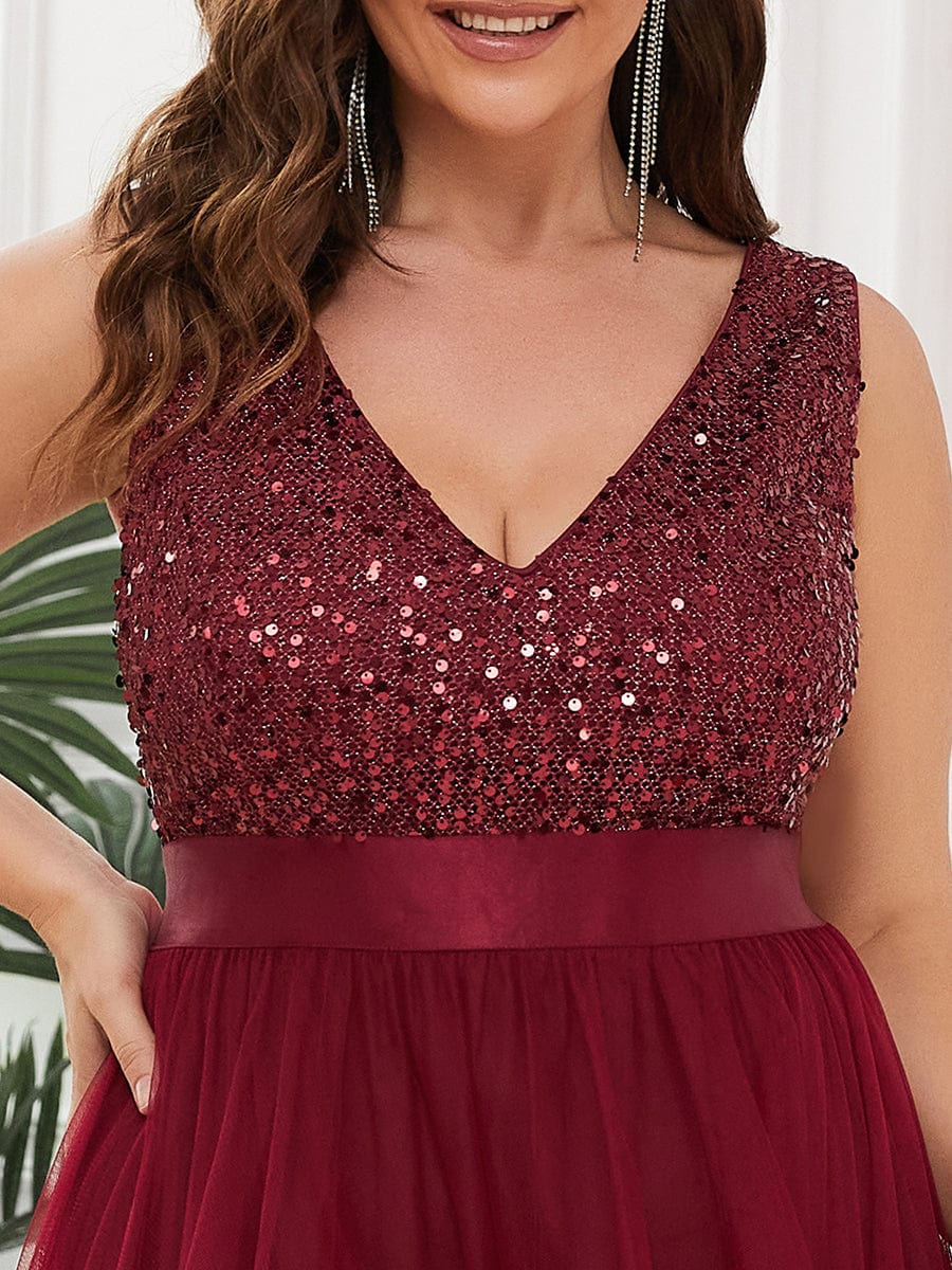 Sequin Bodice Tulle High-Low Evening Dress with Ribbon Waist #color_Burgundy