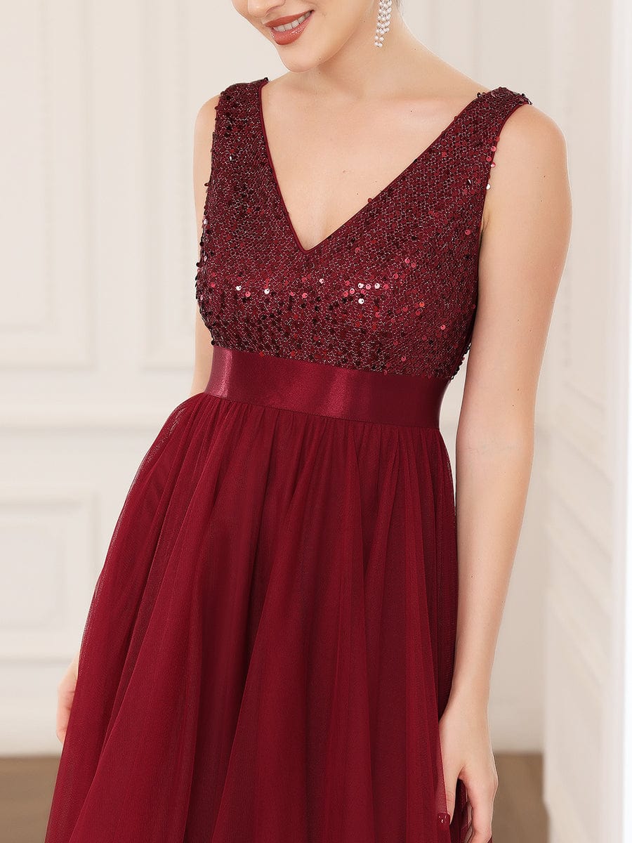 Sequin Bodice Tulle High-Low Evening Dress with Ribbon Waist #color_Burgundy