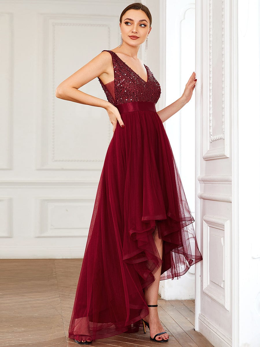 Sequin Bodice Tulle High-Low Evening Dress with Ribbon Waist #color_Burgundy