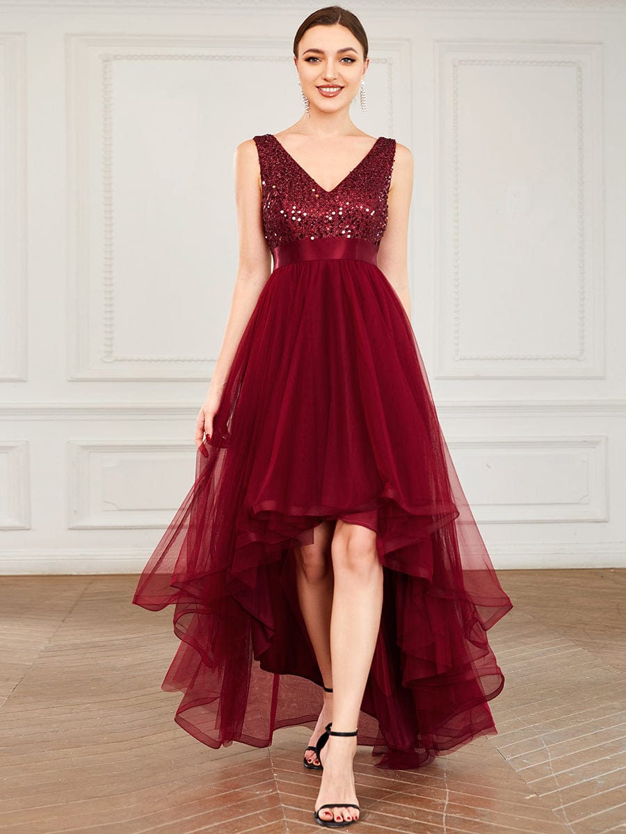 Sequin Bodice Tulle High-Low Evening Dress with Ribbon Waist #color_Burgundy