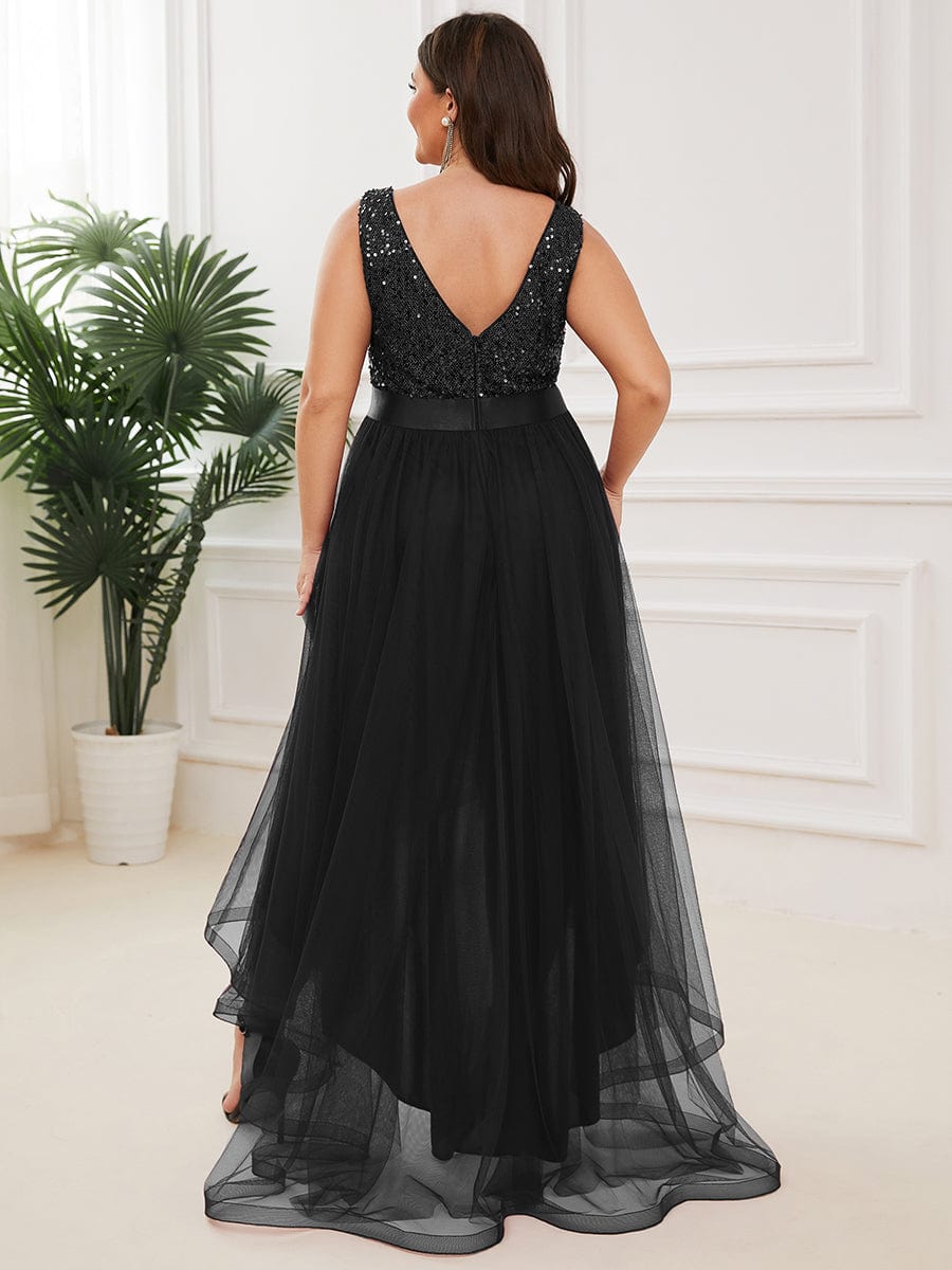 Sequin Bodice Tulle High-Low Evening Dress with Ribbon Waist #color_Black