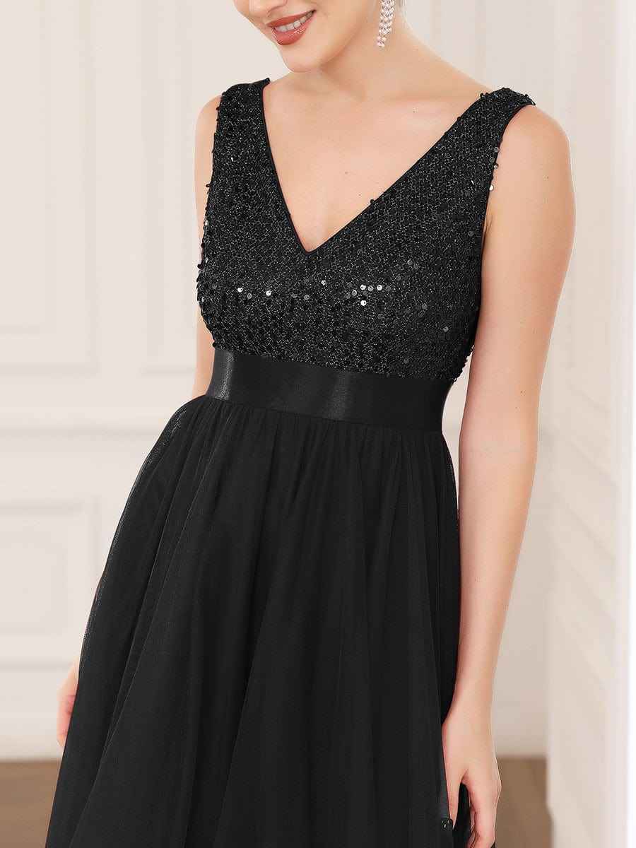 Sequin Bodice Tulle High-Low Evening Dress with Ribbon Waist #color_Black