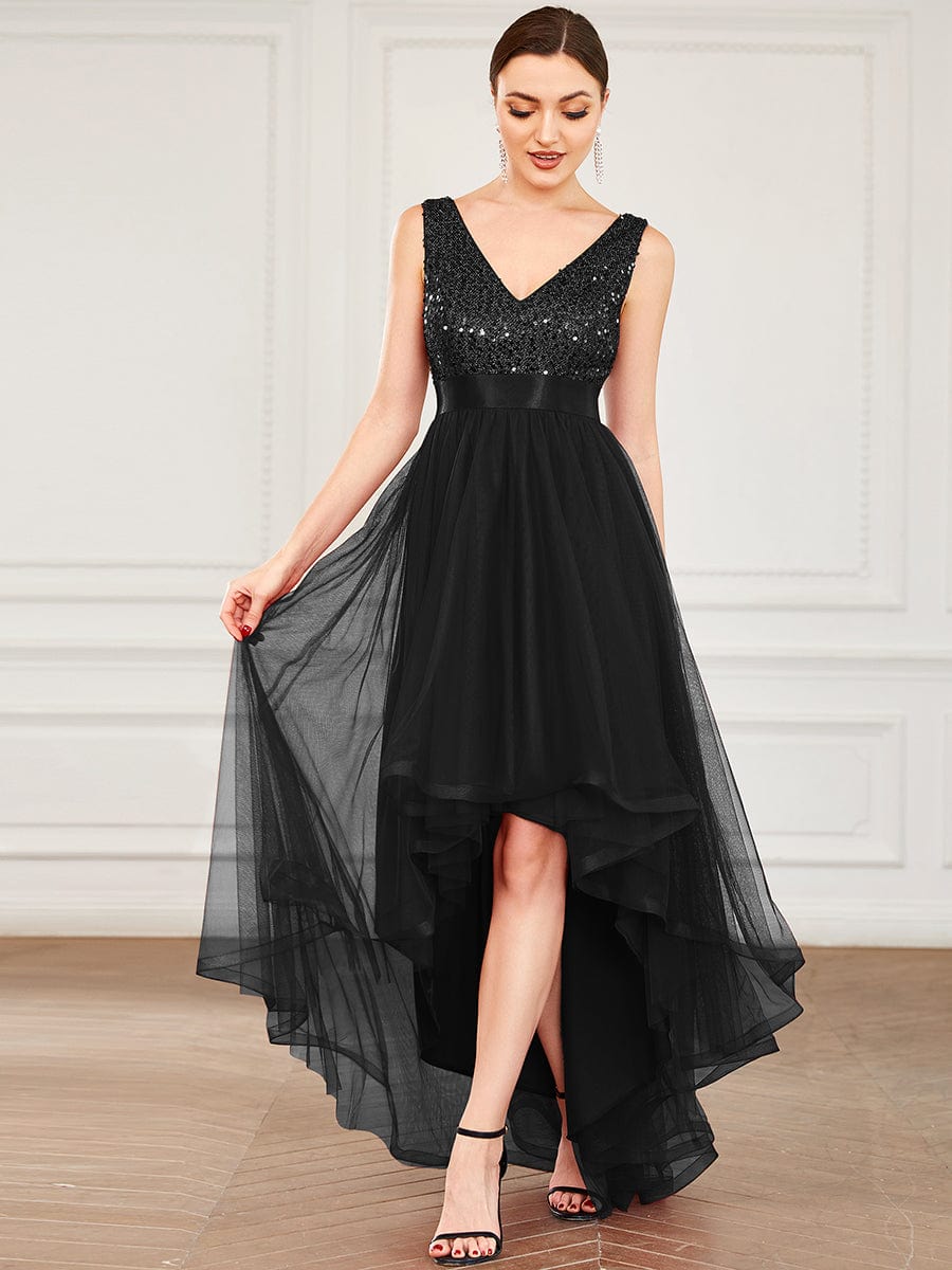 Sequin Bodice Tulle High-Low Evening Dress with Ribbon Waist #color_Black