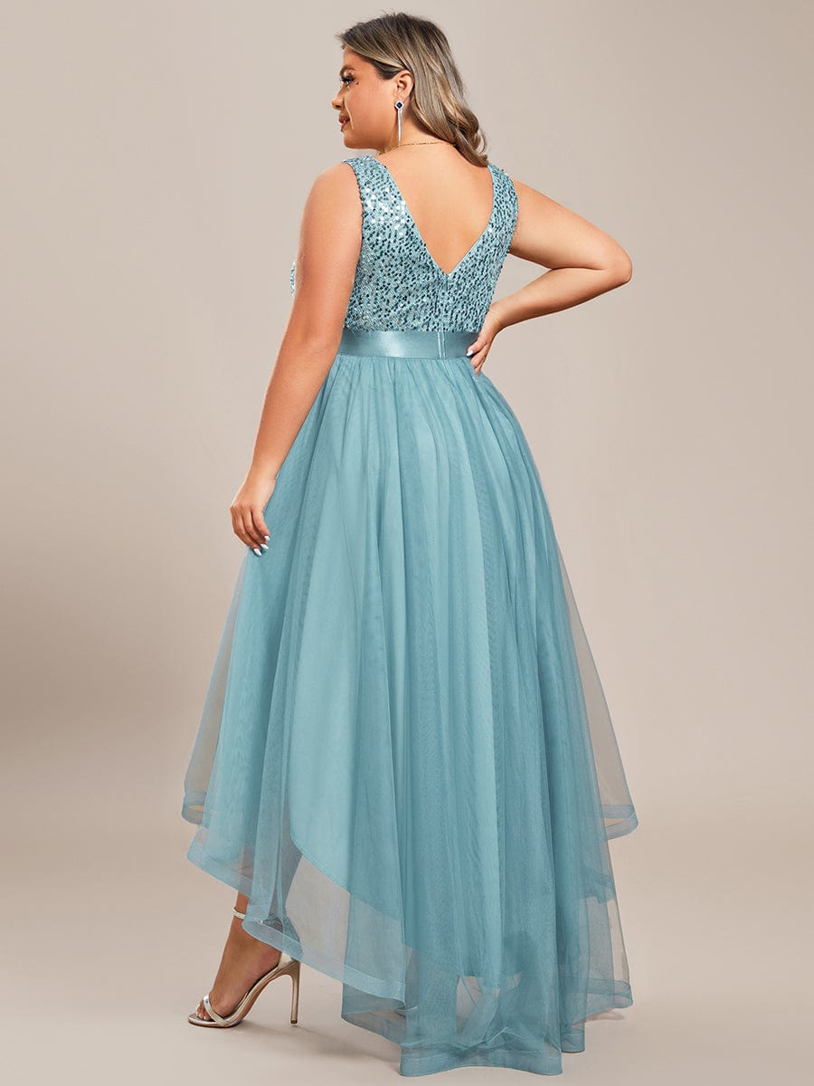 Sequin Bodice Tulle High-Low Evening Dress with Ribbon Waist #color_Light Teal