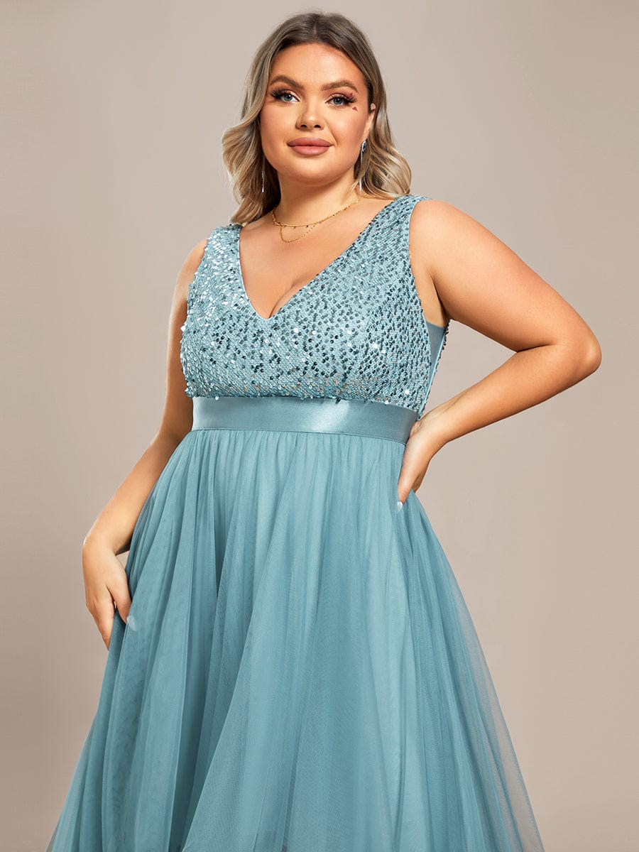 Sequin Bodice Tulle High-Low Evening Dress with Ribbon Waist #color_Dusty Blue