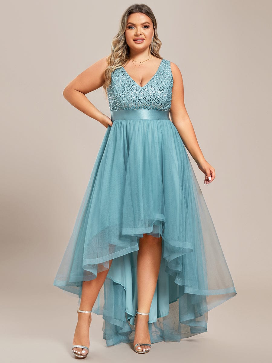 Sequin Bodice Tulle High-Low Evening Dress with Ribbon Waist #color_Light Teal