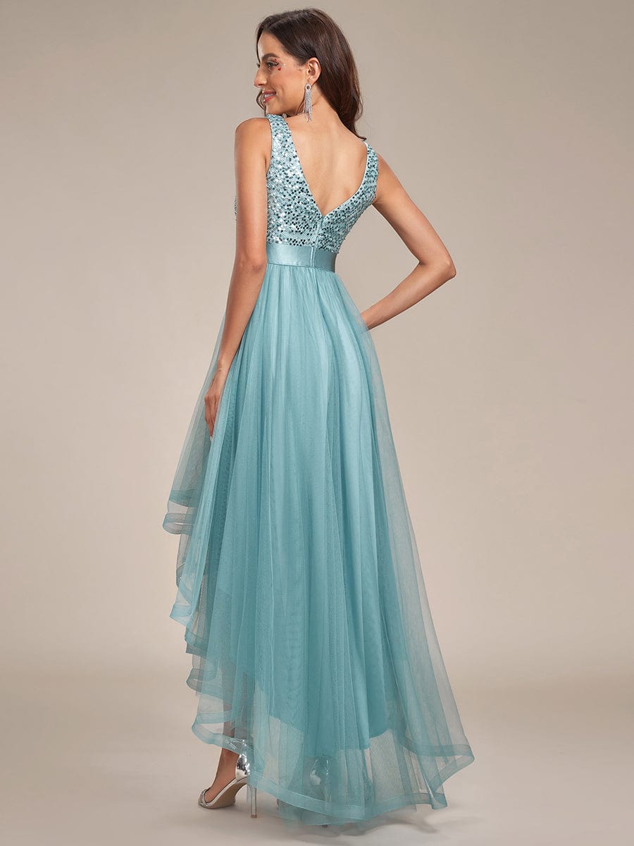 Custom Size Sequin Sleeveless Ribbon Waist Tulle High Low Evening Dress #color_Light Teal