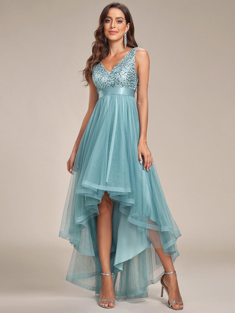 Custom Size Sequin Sleeveless Ribbon Waist Tulle High Low Evening Dress #color_Light Teal