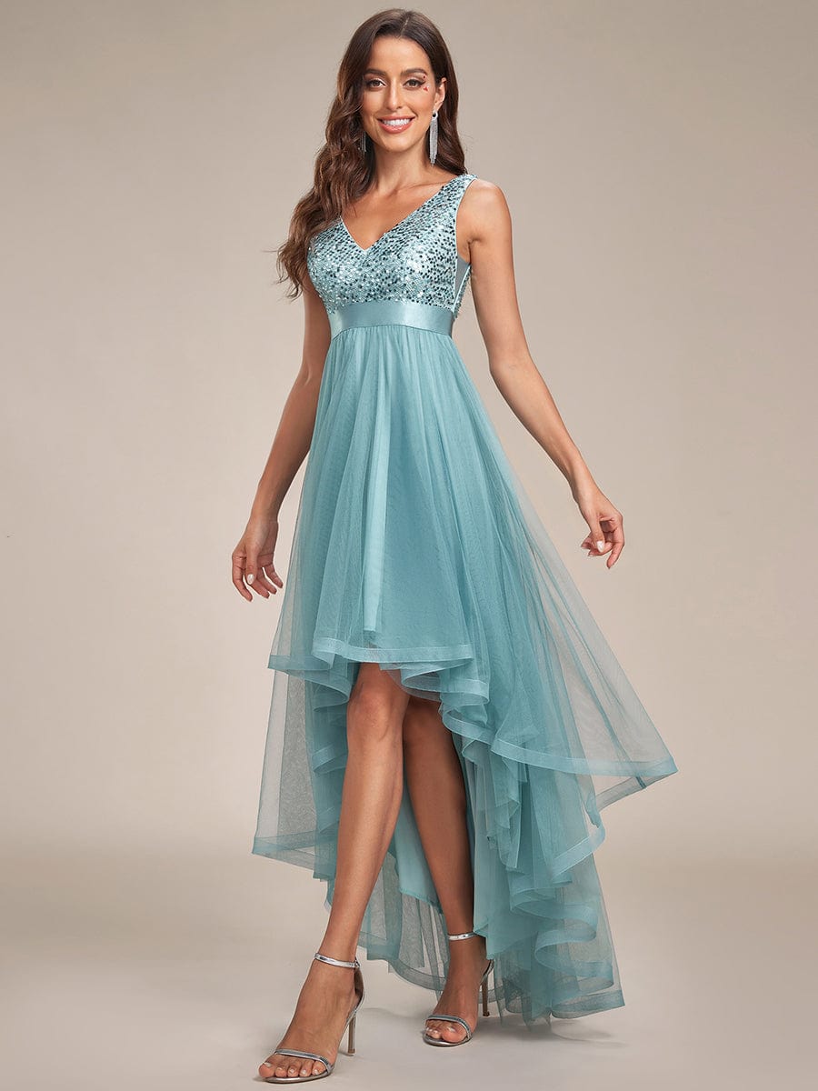 Sequin Bodice Tulle High-Low Evening Dress with Ribbon Waist #color_Dusty Blue