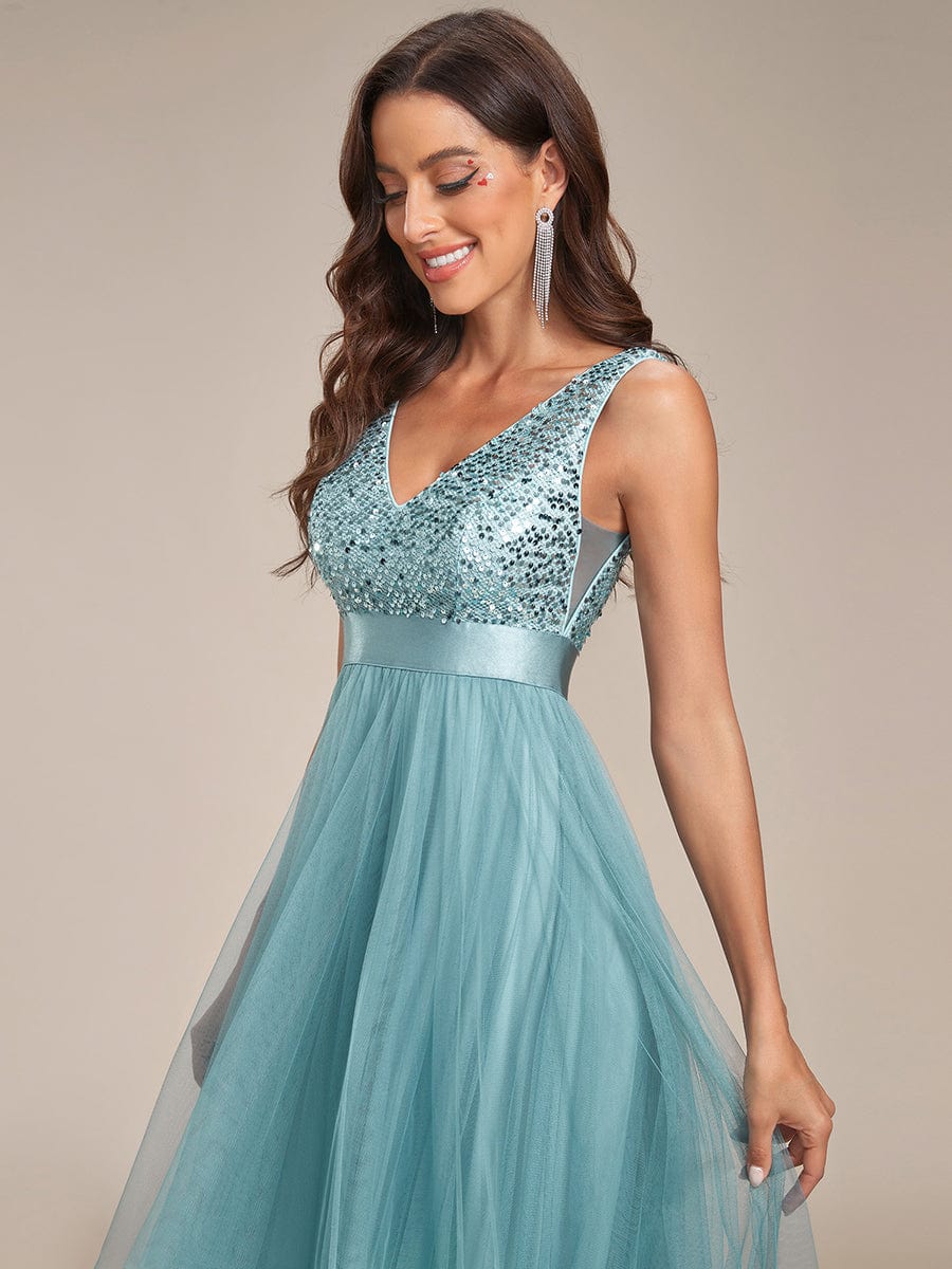 Sequin Bodice Tulle High-Low Evening Dress with Ribbon Waist #color_Light Teal