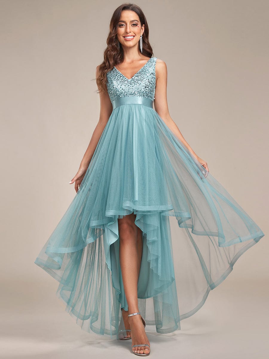 Custom Size Sequin Sleeveless Ribbon Waist Tulle High Low Evening Dress #color_Light Teal