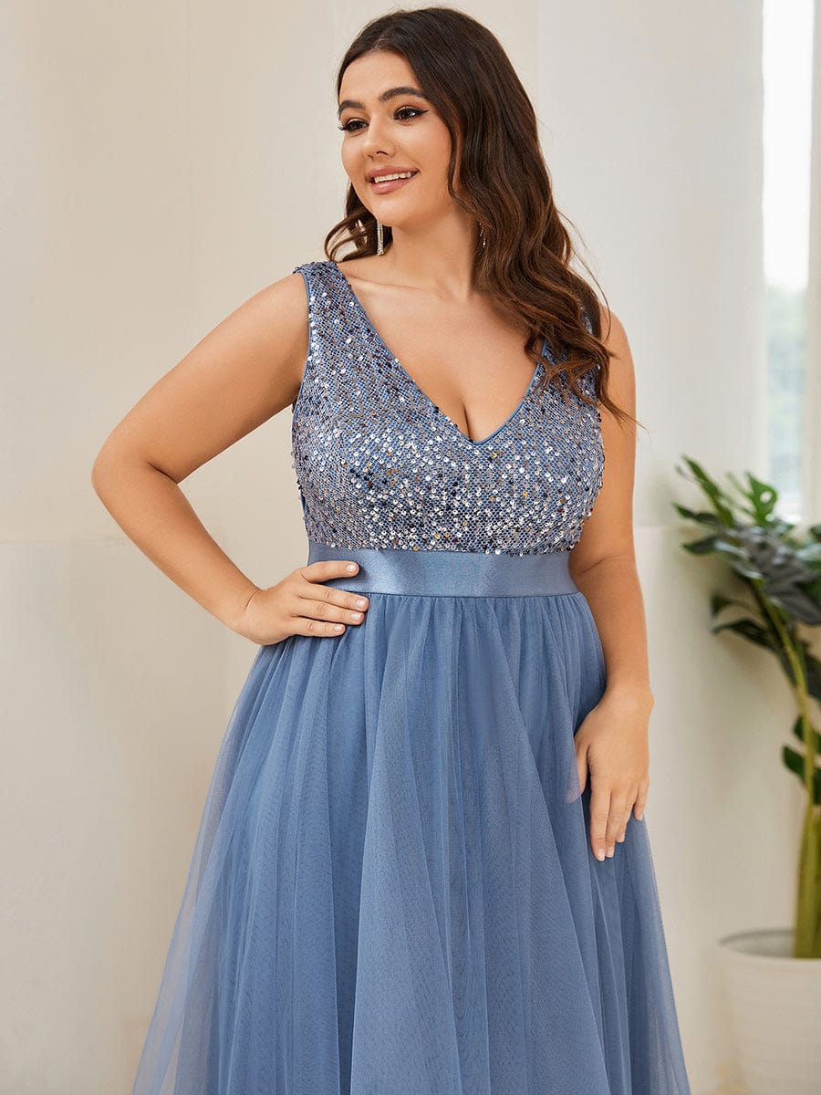 Sequin Bodice Tulle High-Low Evening Dress with Ribbon Waist #color_Dusty Navy