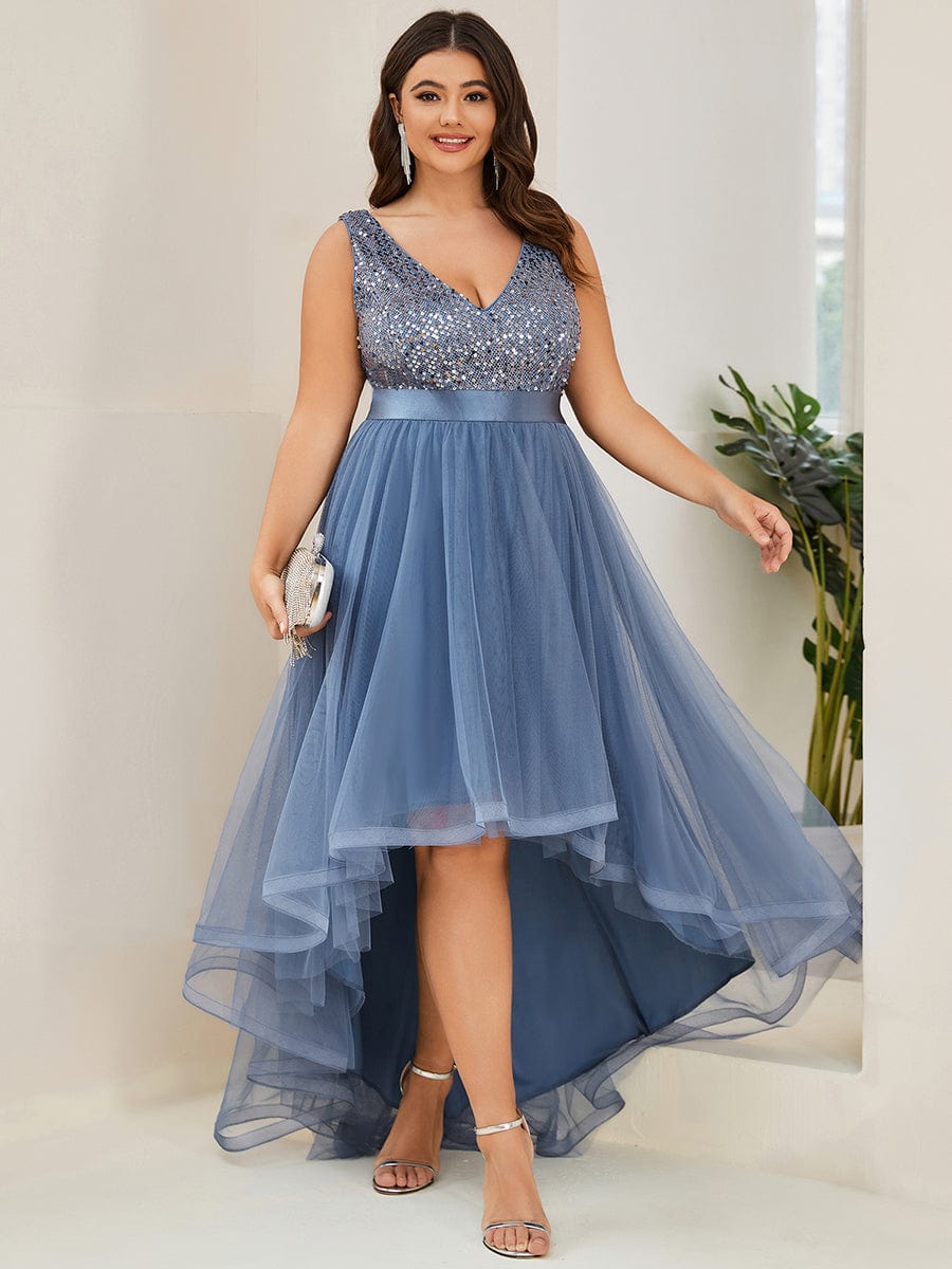 Custom Size Sequin Sleeveless Ribbon Waist Tulle High Low Evening Dress #color_Dusty Blue