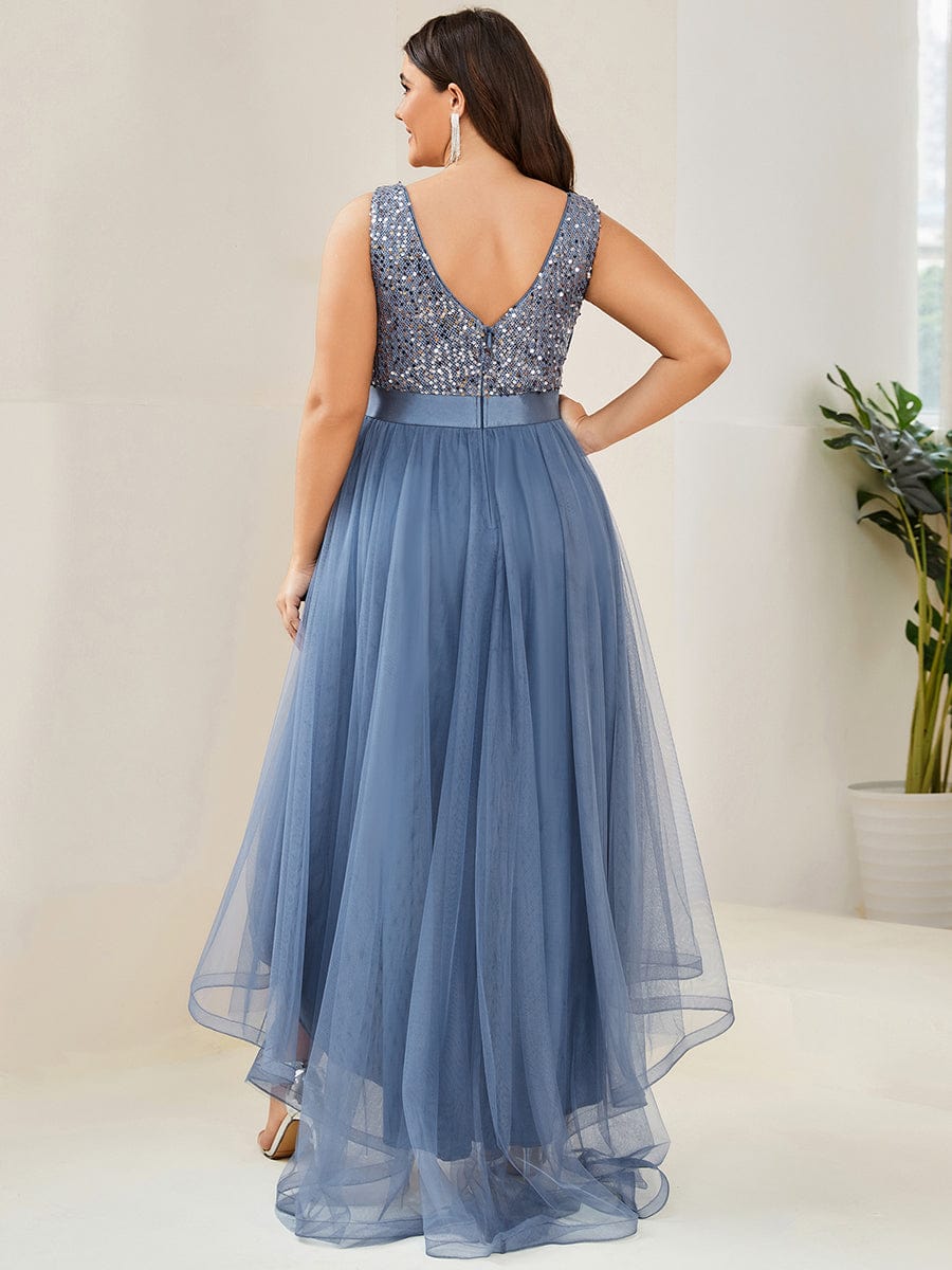 Plus Size Sleeveless Sequin Ribbon Waist Tulle High Low Evening Dress #color_Dusty Blue