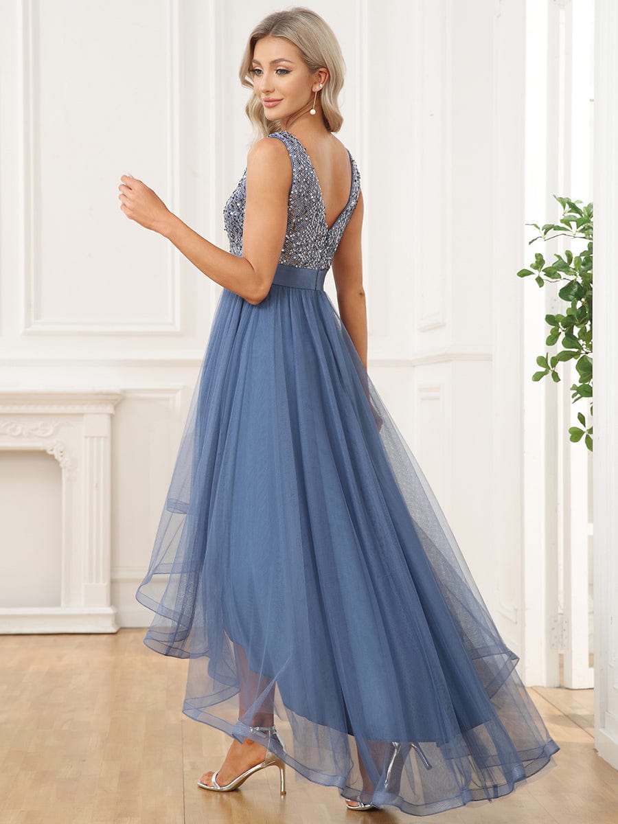 Sequin Bodice Tulle High-Low Evening Dress with Ribbon Waist #color_Dusty Blue