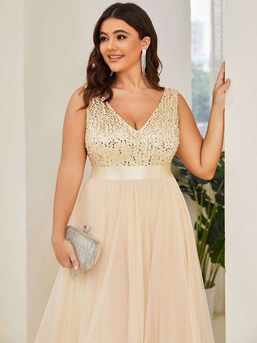 Sequin Bodice Tulle High-Low Evening Dress with Ribbon Waist #color_Gold