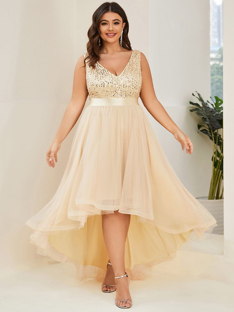 Sequin Bodice Tulle High-Low Evening Dress with Ribbon Waist #color_Gold