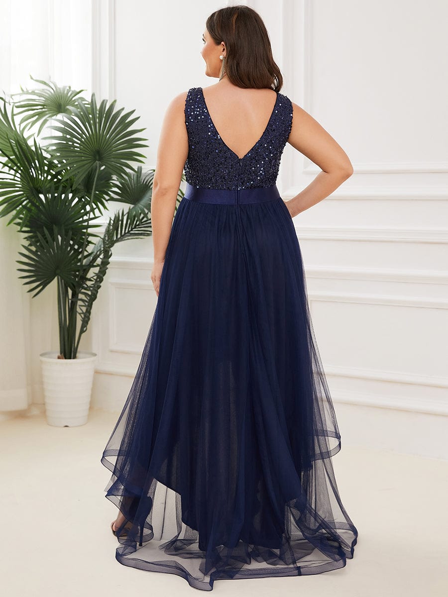 Sequin Bodice Tulle High-Low Evening Dress with Ribbon Waist #color_Navy Blue